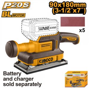 INGCO 20v Ps+ C/l Finishing Sander + 5pcs Sheets No B/c